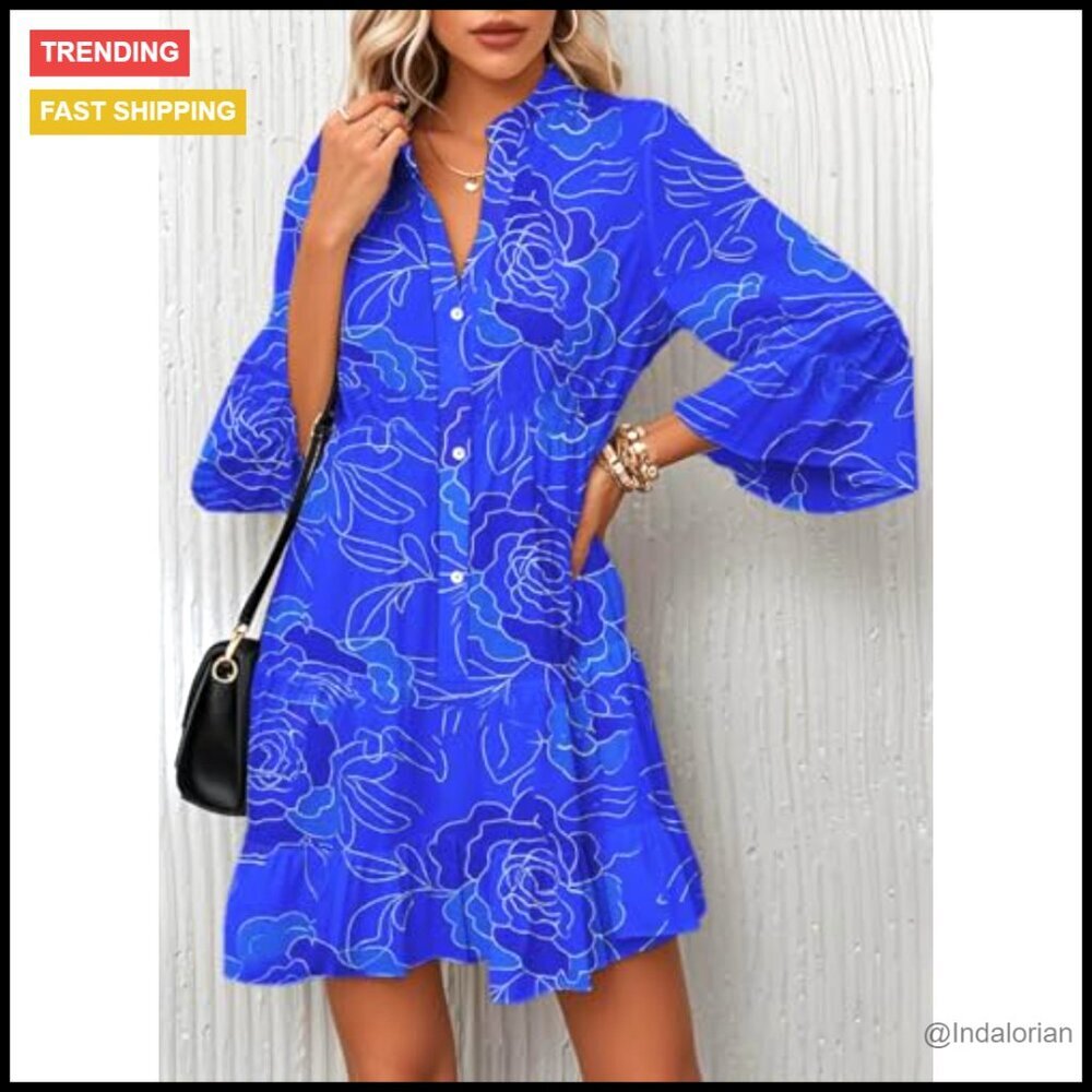 Flowy Ruffle Tiered Babydoll Boho Mini Dress 3/4 Sleeve V Neck Casual - Picture 3 of 4